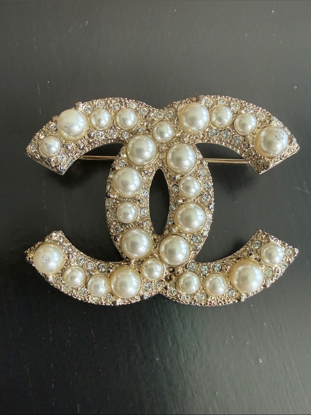 CHANEL Gold and Pearl CC Logo Brooch